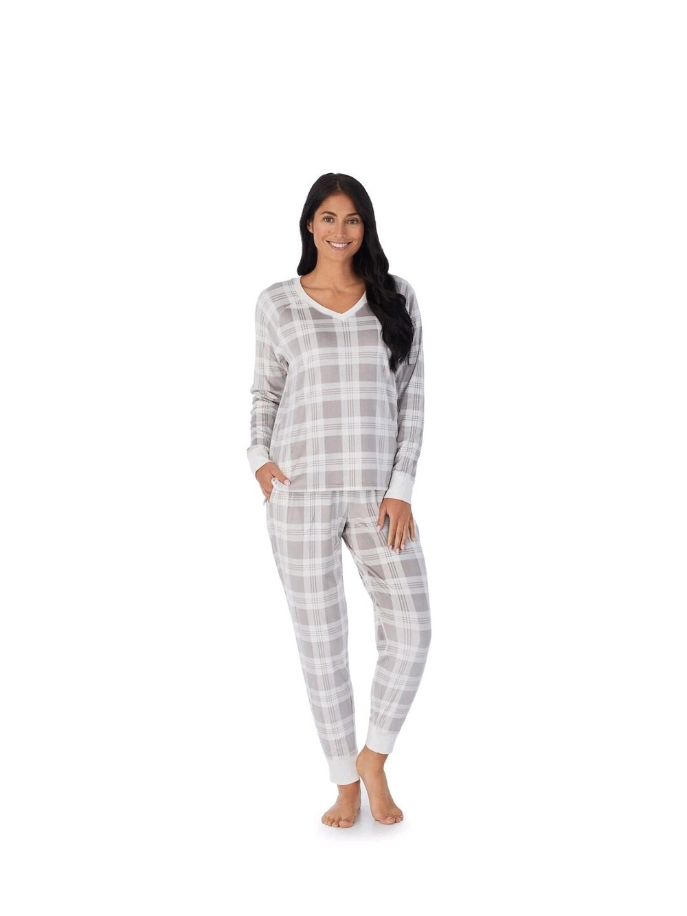 Cuddl Duds Gray Plaid V-Neck Women's Pajama Set